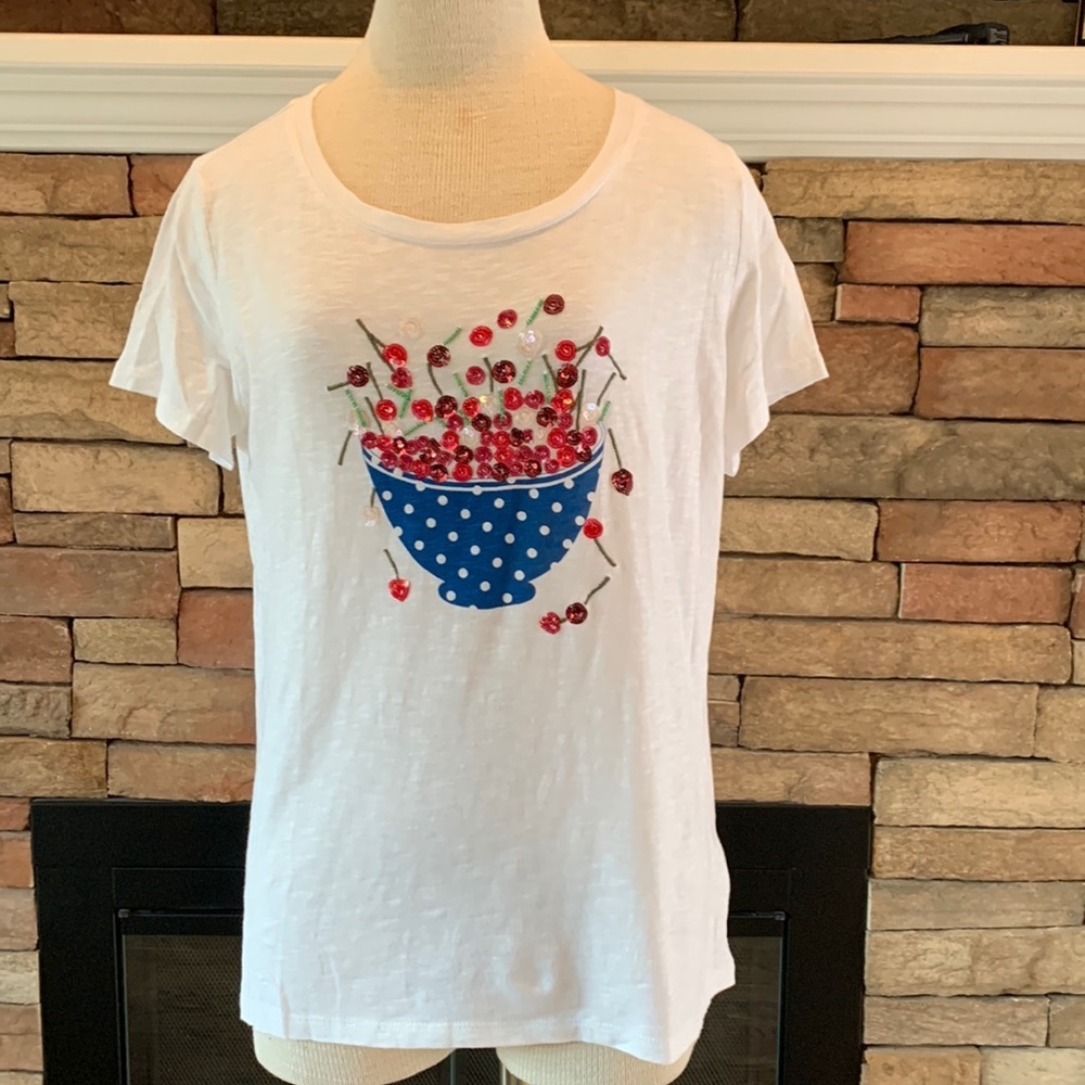 TALBOTS size large white tshirt with fun bowl of cherries design.